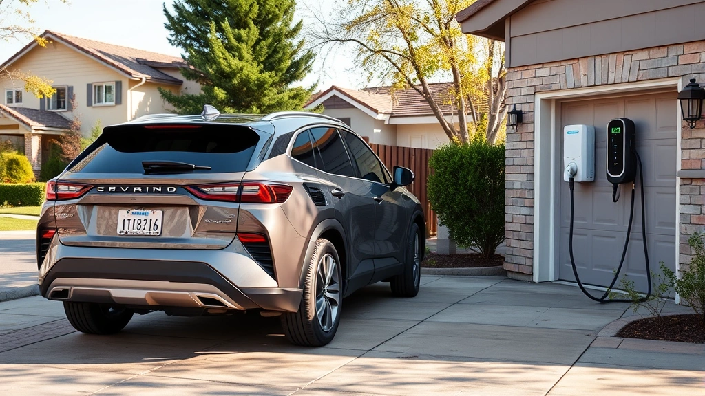 Hybrid SUV parked in suburban driveway with home charging station installed, family-oriented residential neighborhood, daytime natural lighting