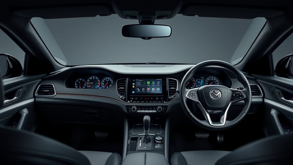 Modern sedan interior dashboard showing infotainment touchscreen and steering wheel with premium materials, clean minimalist design, studio lighting