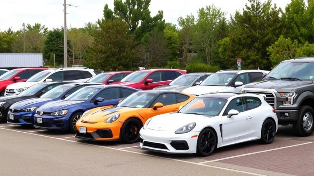 Diverse collection of recommended vehicles parked in lineup including sedan, crossover, sports car, and truck showcasing variety of automotive segments