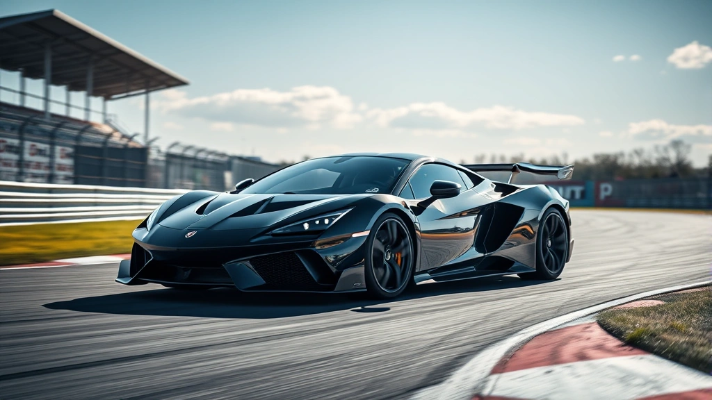 High-performance sports car on race track, aggressive stance, dynamic motion blur, professional motorsport environment, daytime lighting