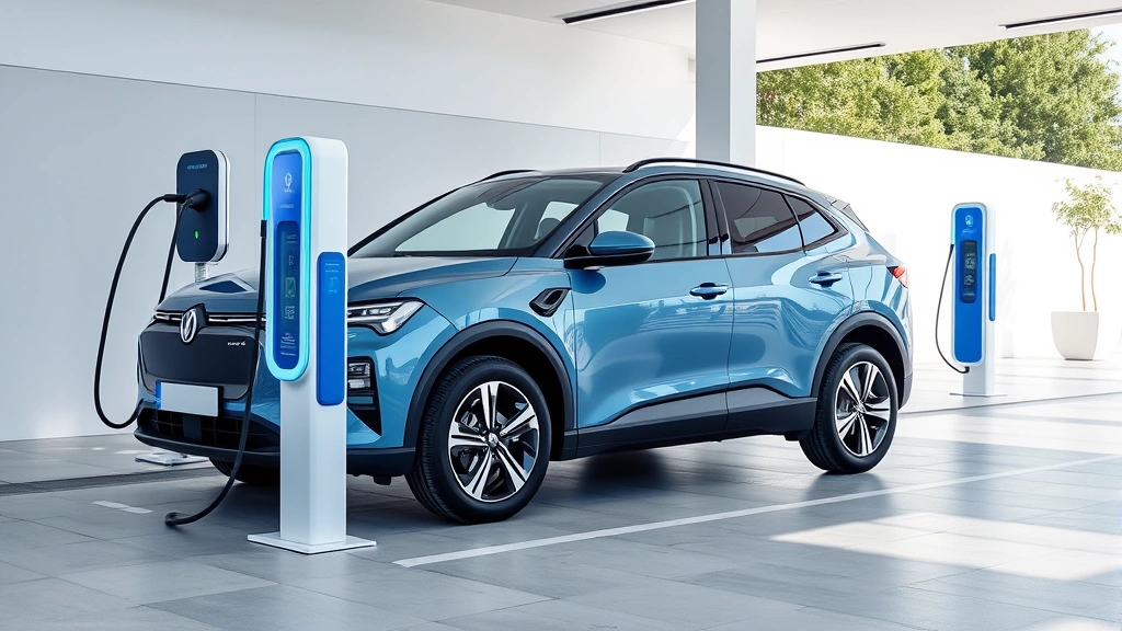 Electric SUV charging at modern station with contemporary design, blue and white color scheme, clean minimalist surroundings, daylight photography