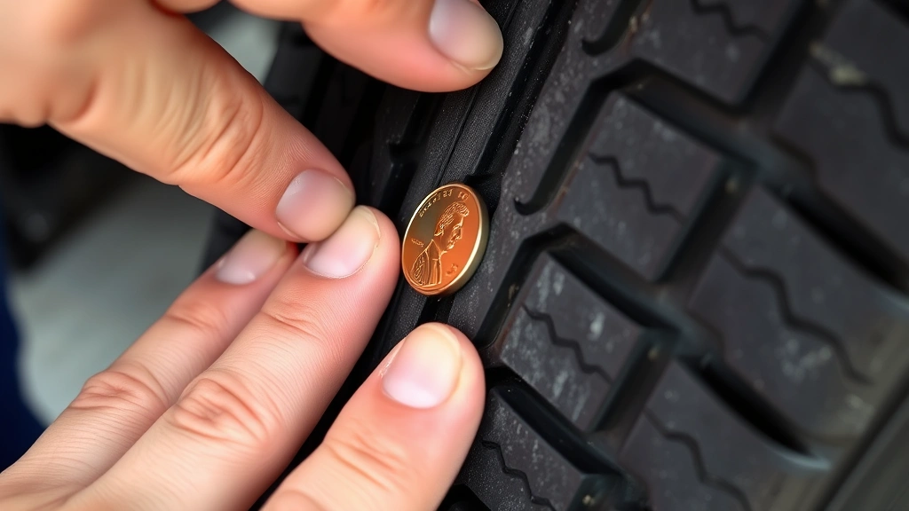 Close-up of hands inspecting tire tread depth using a penny test method on a vehicle tire, showing the penny insertion technique for measuring tread wear