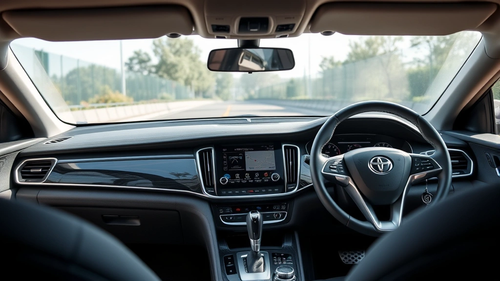 Dashboard interior view of modern sedan showing touchscreen infotainment system, steering wheel, and quality cabin materials in daylight