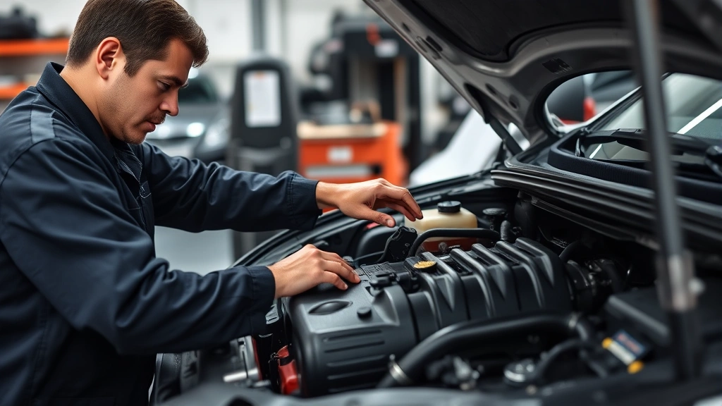 Technician performing routine maintenance on vehicle engine, hands-on work, professional garage setting, tools visible, focused work environment, automotive service documentation