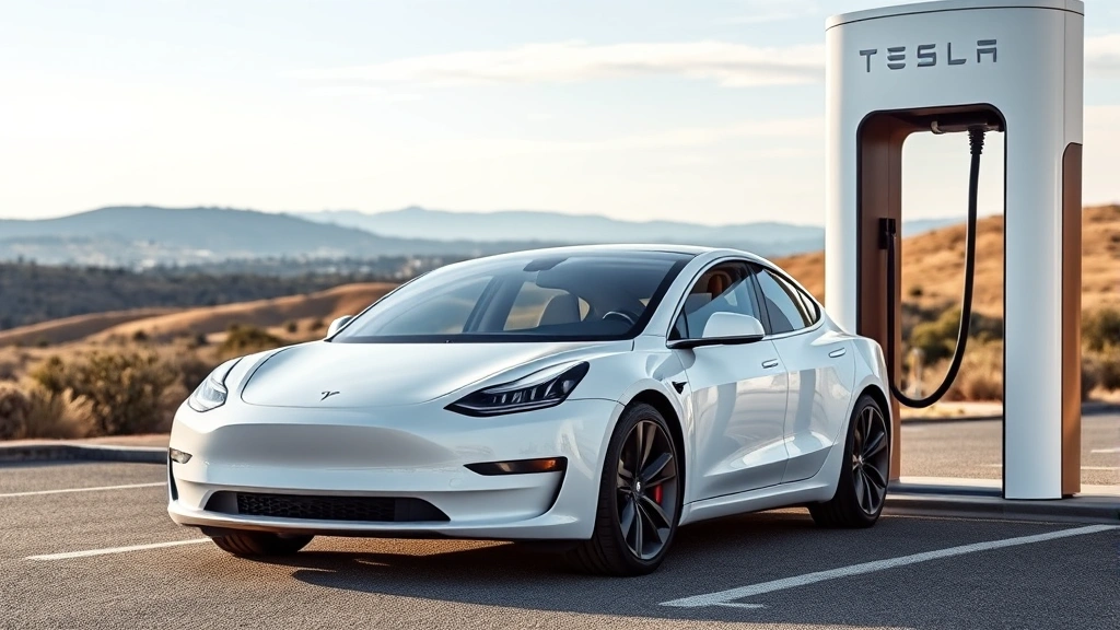 Tesla Model Y Performance variant in pearl white, photographed at a modern Supercharging station with landscape background, contemporary electric vehicle showcase