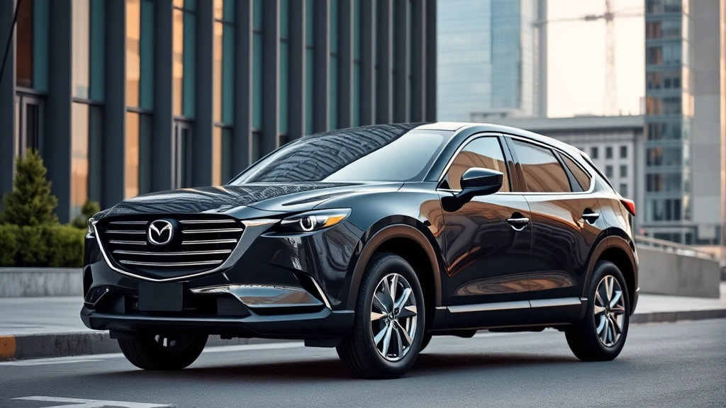 Mazda CX-90 compact luxury SUV parked in modern urban setting, pristine condition, elegant design, contemporary architecture background