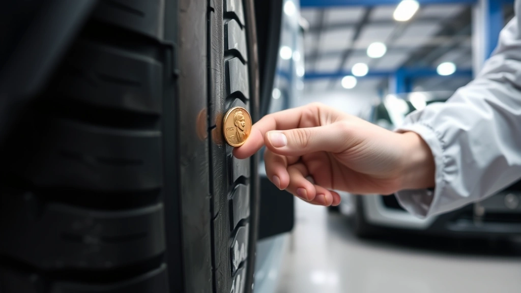 Technician inspecting car tire tread depth using penny test method, close-up of tire surface, professional automotive bay with multiple vehicles, proper lighting highlighting tire condition