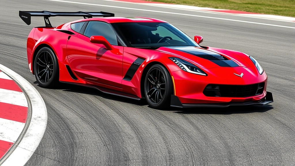 Vibrant red Chevrolet Corvette Z06 mid-engine supercar captured in dynamic racing stance on circuit, highlighting carbon-fiber body panels and aggressive aerodynamic design