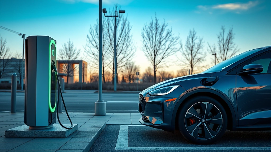 Electric vehicle charging station with modern EV connected, sleek contemporary design, urban environment, natural daylight, charging cable glowing, photorealistic automotive