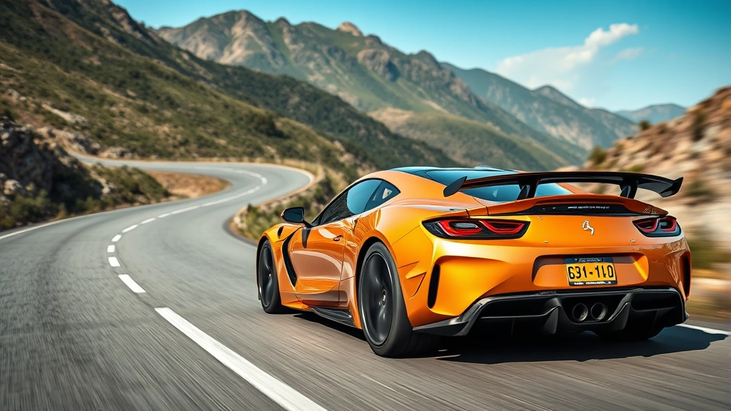 High-performance sports car on winding mountain road, dynamic driving position, professional automotive photography with clear details