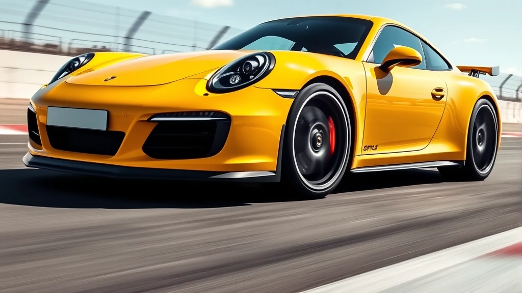 Porsche 911 Carrera S sports car in race yellow, dynamic side profile with blurred background, aggressive aerodynamic design, professional track photography, sports car excellence