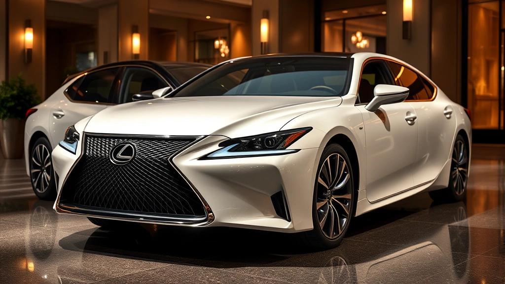 Elegant Lexus LS 500h luxury sedan in pearl white, parked in upscale setting with refined ambiance, emphasizing premium design and sophisticated styling