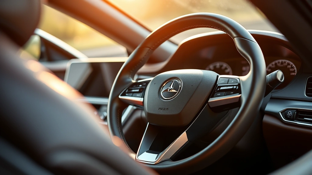 Close-up detail shot of a luxury sedan's leather-trimmed steering wheel and premium dashboard, showcasing fine material quality, modern digital display, and sophisticated interior craftsmanship in warm natural lighting