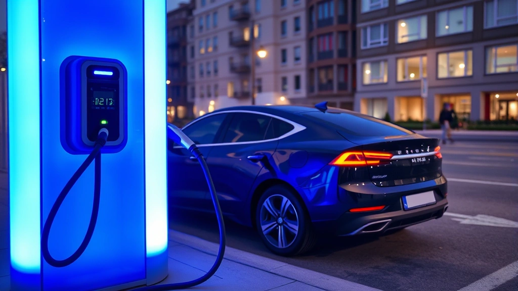 Electric vehicle charging at public station, blue ambient lighting around charging port, modern urban setting with buildings visible, clean professional composition