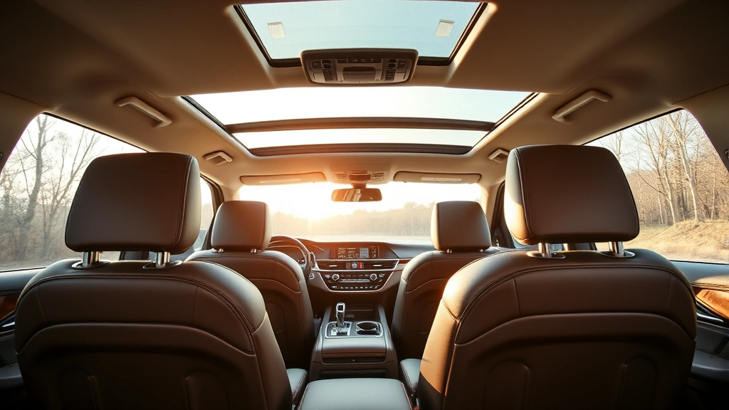 Spacious three-row family SUV interior showing comfortable leather seating, advanced infotainment display, natural light streaming through panoramic sunroof, modern cabin design