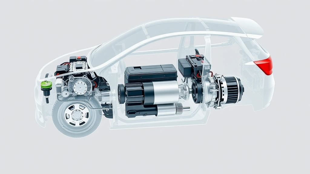 Transparent cutaway technical illustration showing hybrid powertrain components including electric motor, battery pack, and gasoline engine integration