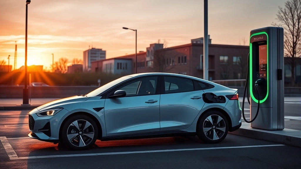 Modern electric vehicle charging at fast-charging station with sleek sedan parked, sunset lighting, urban downtown setting, contemporary charging infrastructure