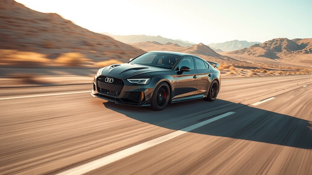 High-performance sport sedan mid-acceleration on empty desert highway, dynamic motion blur background, afternoon sunlight, aggressive stance, aerodynamic profile emphasized