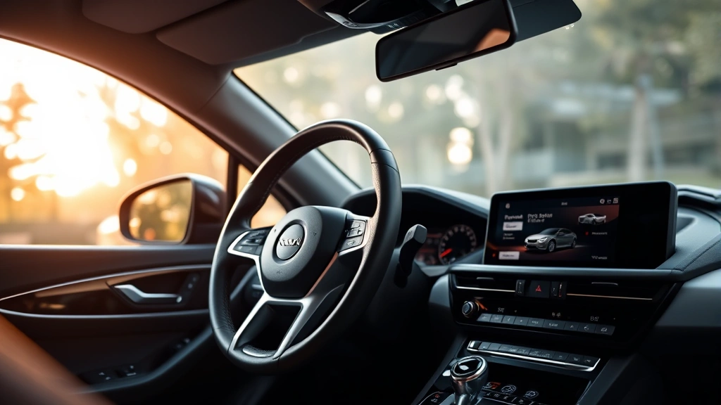 Close-up of luxury sedan interior dashboard and steering wheel showing modern infotainment system and premium materials with soft natural lighting