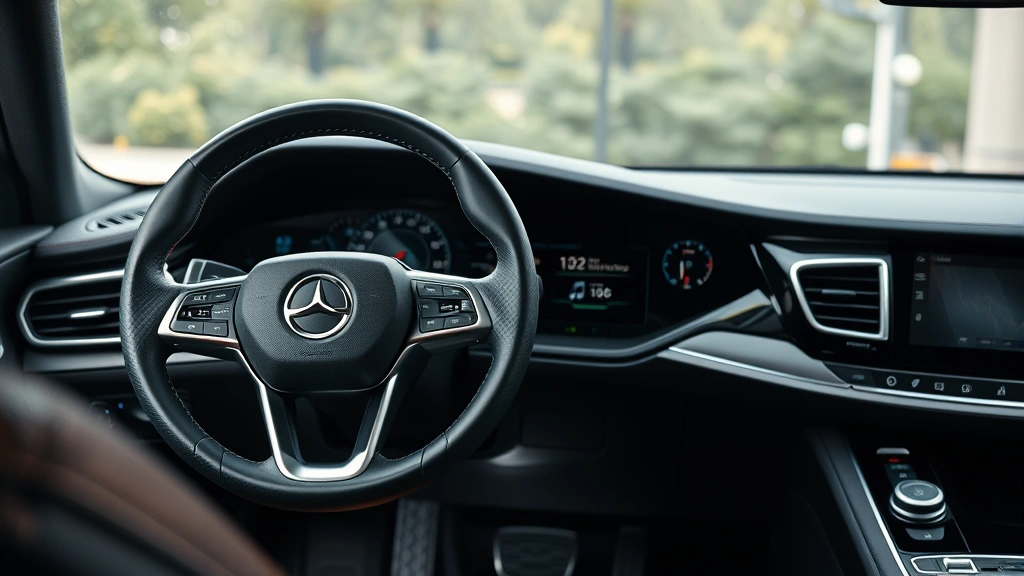 Interior dashboard and steering wheel of modern luxury vehicle showing infotainment display and premium materials, close-up detail shot, natural lighting, no text visible