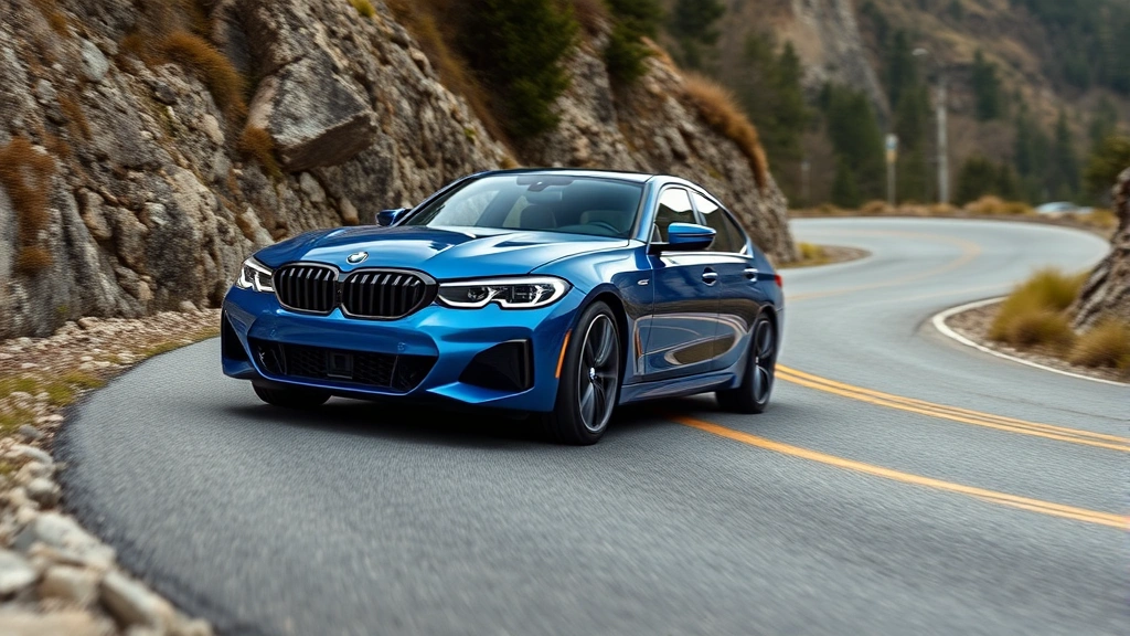 2024 BMW M440i xDrive blue sedan on winding mountain road, precise cornering, professional automotive photography, sharp details