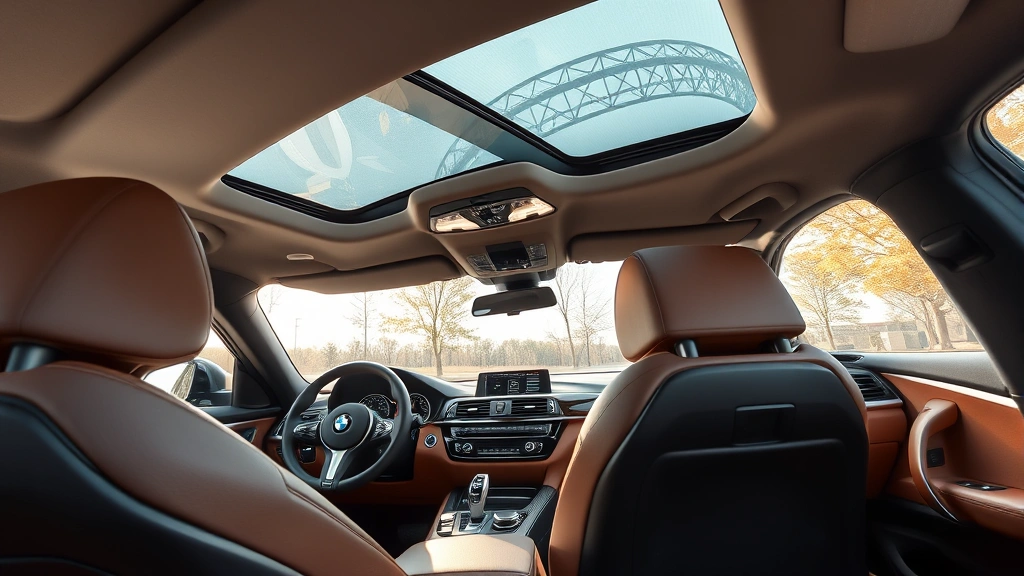 BMW M440i xDrive sedan in metallic silver, shot from elevated angle showing luxury interior cabin with curved digital display, leather seats, and modern dashboard layout, natural lighting through panoramic sunroof