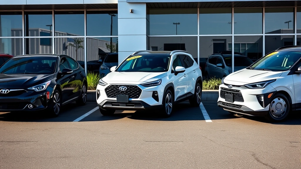 Three diverse vehicles parked in lineup - sedan, compact crossover, and hybrid SUV - clean dealership lot, afternoon sunlight, showcasing different segments