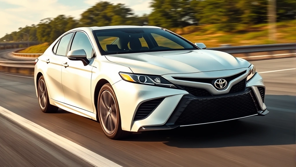 Toyota Camry hybrid sedan white pearl color driving on open highway, motion blur background, dynamic angle, natural daylight, premium photography quality