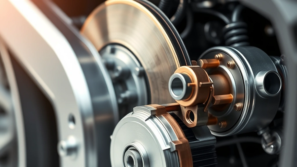 Close-up of hybrid car's regenerative braking system components and electric motor assembly, technical detail shot showing mechanical engineering, studio lighting on aluminum and copper parts