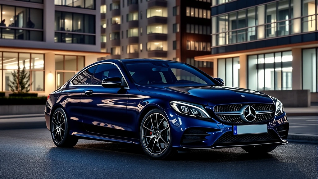 Mercedes-AMG C43 luxury sedan in midnight blue parked in modern urban setting with contemporary architecture, professional lighting highlighting premium design details