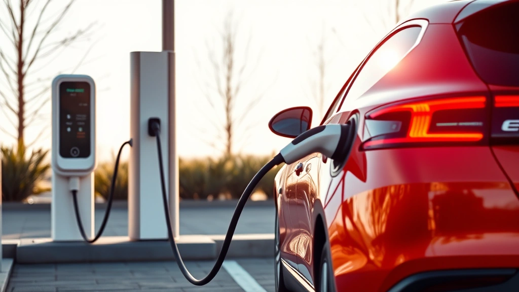 Vibrant electric vehicle charging at modern charging station during daytime, clean minimalist design, vehicle side profile clearly visible, natural daylight illumination