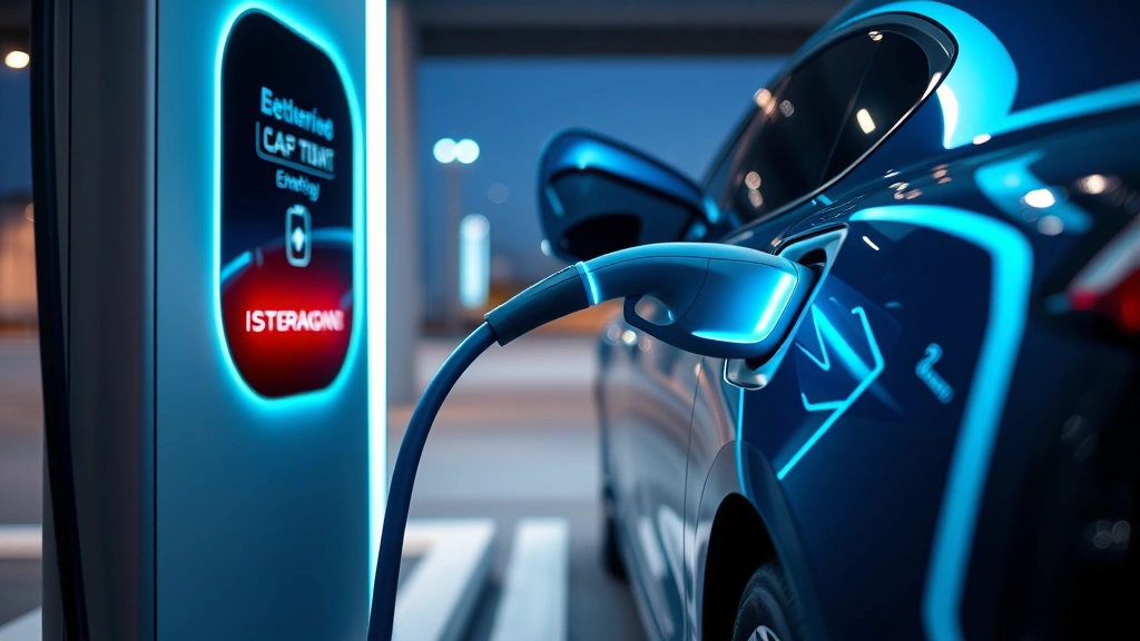 Electric vehicle charging at fast-charging station with blue charging cable connected, modern EV battery technology visualization showing energy flow, sleek contemporary charging infrastructure