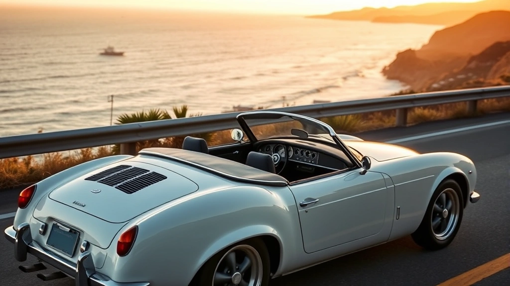 Lightweight roadster convertible with retractable soft top in pearl white, photographed from three-quarter angle on scenic coastal highway with ocean backdrop, golden hour lighting