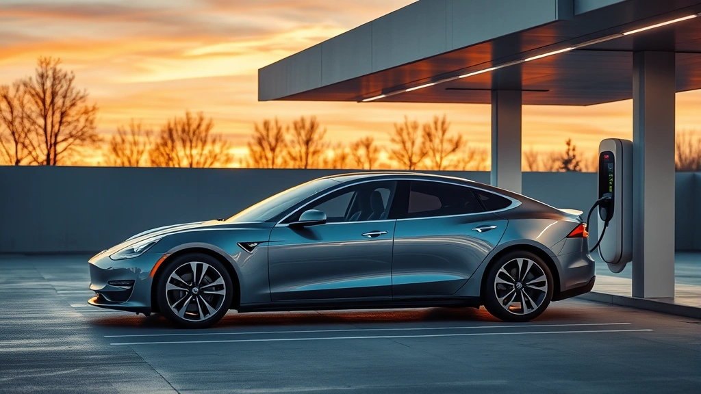 Sleek electric sedan parked in modern charging station with minimalist architecture and sunset lighting