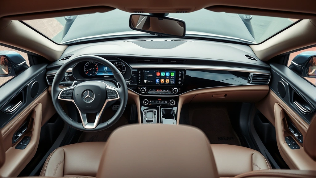 Interior dashboard view of luxury sedan showing touchscreen infotainment system, leather steering wheel, and modern climate controls, overhead perspective