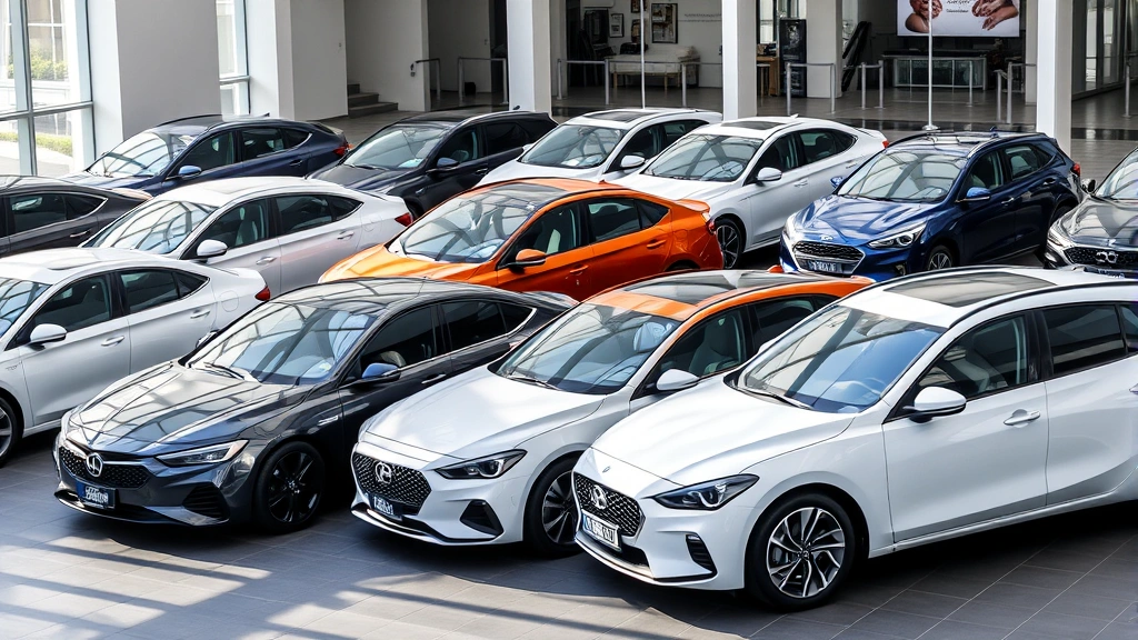 Diverse lineup of recommended vehicles parked together showing sedan, SUV, and hybrid options, natural daylight photography, clean showroom-style presentation