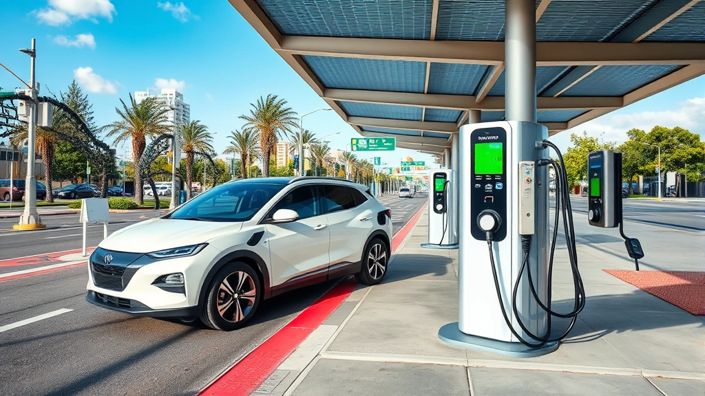 Modern electric vehicle charging at public station, daylight scene showing vehicle connectivity and sustainable transportation infrastructure integration