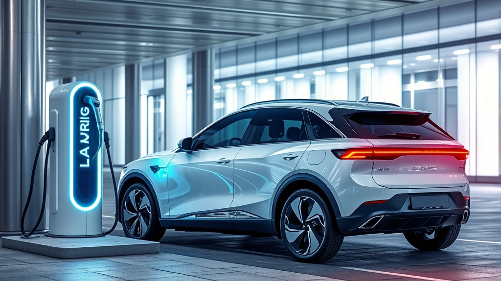 Modern electric SUV charging at rapid charging station, futuristic design lines, LED lighting, contemporary urban environment with clean background