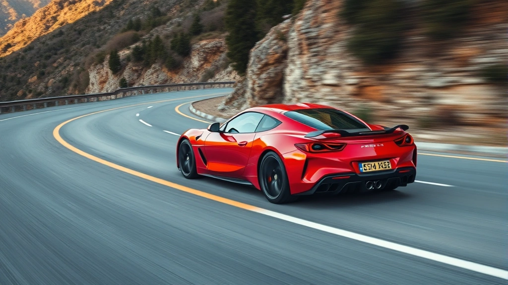 High-performance sports car in red executing sharp turn on mountain road, dynamic action shot, professional automotive photography