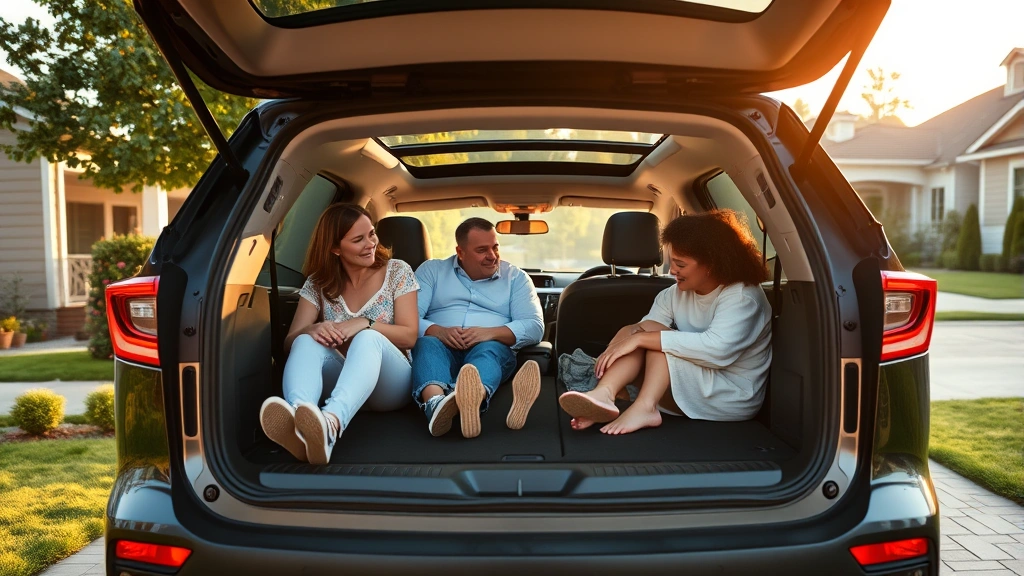Modern crossover SUV parked in suburban driveway with family, showing practical cargo space and comfortable seating arrangement, golden hour lighting, residential neighborhood background