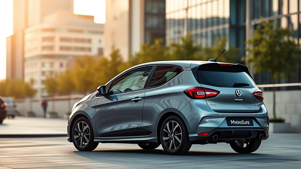 Compact performance hatchback parked in modern urban environment, sleek metallic finish, dynamic angle emphasizing aggressive stance, contemporary city architecture in soft-focus background