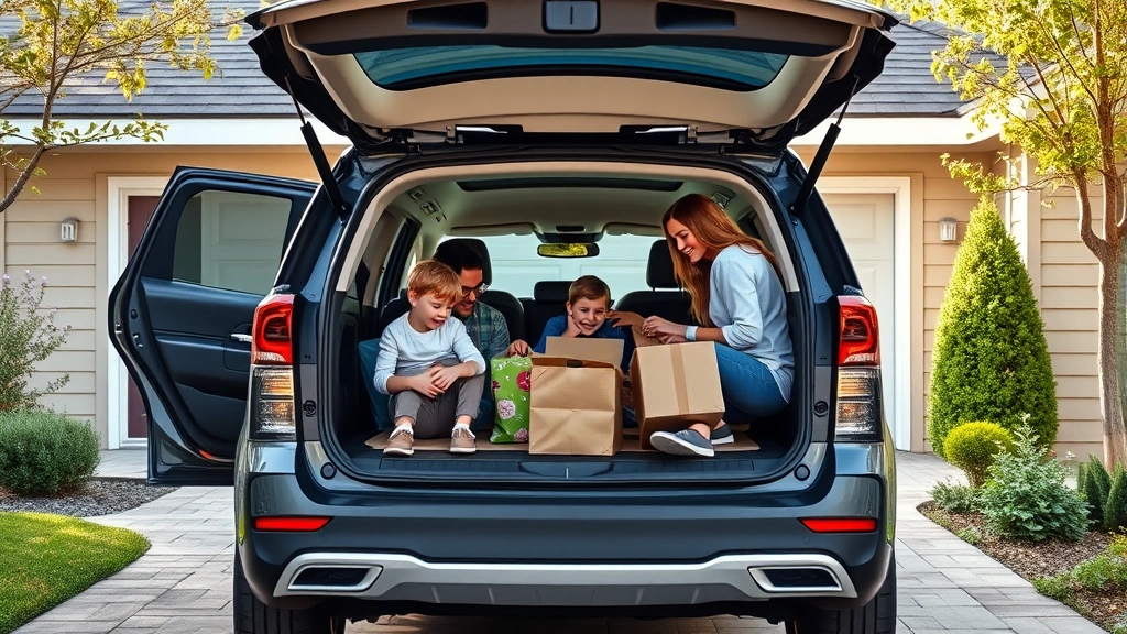 Family of four loading cargo into spacious three-row Kia EV9 electric SUV in suburban driveway, natural daylight, modern eco-conscious home setting, realistic detail