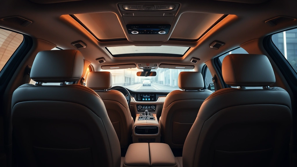 Interior luxury cabin of premium sedan showing soft leather seating, ambient lighting, touchscreen infotainment display, wood trim details, and spacious rear passenger area with comfort focus