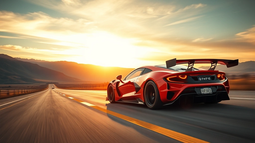 Dramatic action shot of mid-engine sports car with aggressive stance, low profile, racing dynamics, captured on empty highway with mountains in background, golden hour lighting, vibrant colors