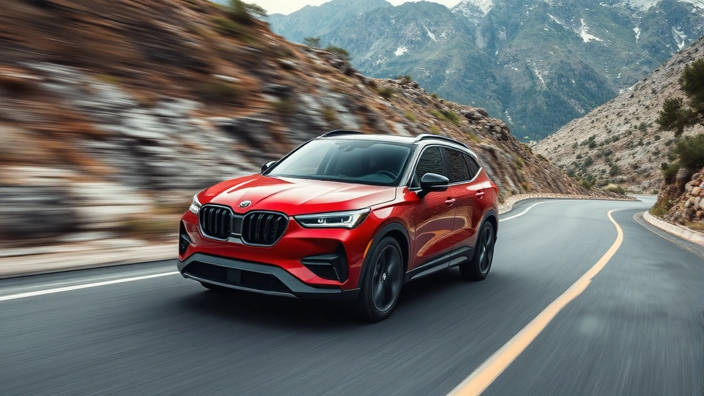 Performance SUV dynamic driving shot on mountain road, aggressive stance, motion blur background, professional automotive photography