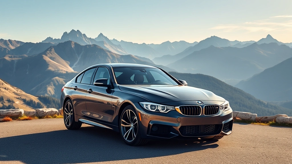 BMW M440i xDrive luxury sedan parked on premium mountain overlook with Alpine backdrop, emphasizing elegant body lines, sophisticated stance, and premium positioning in natural lighting