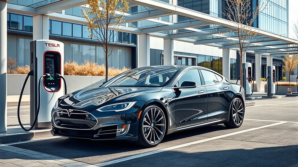 Electric vehicle charging station with sleek Tesla Model S or BMW i7, modern urban charging infrastructure, contemporary architecture background, daylight