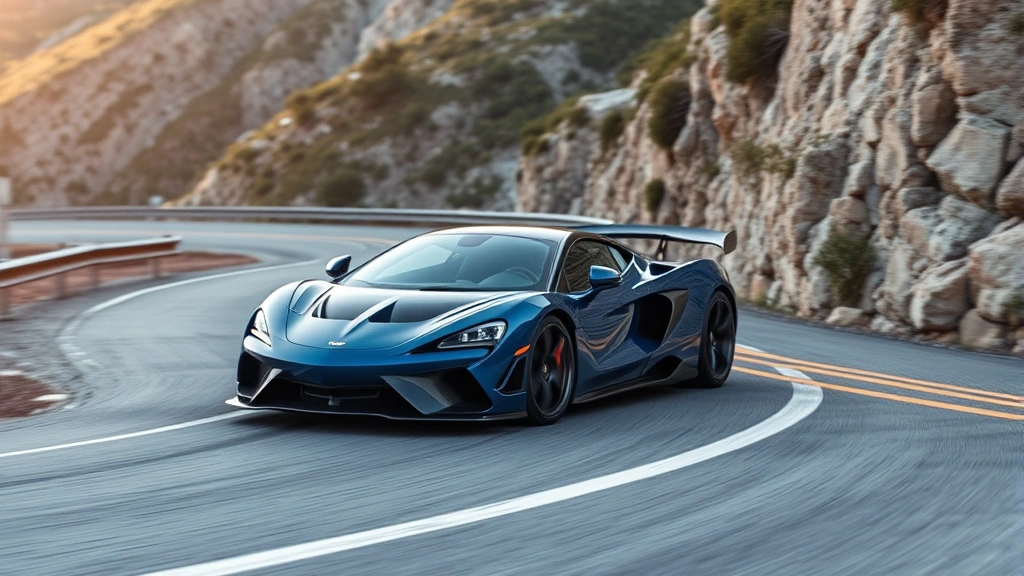 High-performance sports car on winding mountain road, dynamic cornering stance, aggressive aerodynamic design, professional automotive photography