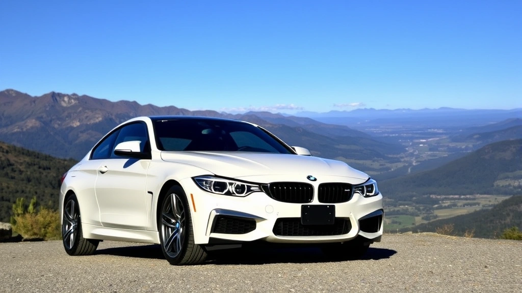 BMW M440i xDrive luxury performance sedan in alpine white, aggressive front grille and sharp headlights, parked on mountain overlook with scenic valley background