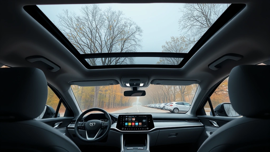 Modern vehicle interior featuring minimal dashboard design, large touchscreen display, panoramic glass roof, sustainable material trim, ergonomic seating, ambient lighting, wide-angle interior view